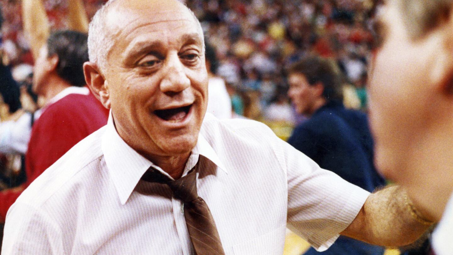 University of Las Vegas Nevada Coach Jerry Tarkanian smiles after winning a close game during the NCAA tournament in March 1987.