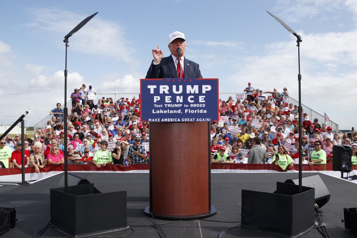 Donald Trump campaigns Wednesday in Lakeland, Fla.