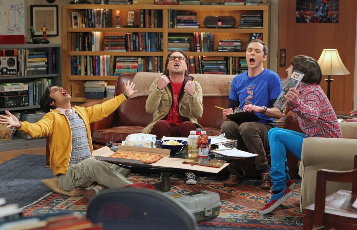 "The Big Bang Theory" on CBS, starring Kunal Nayyar, left, Johnny Galecki, Jim Parsons and Simon Helberg, was the second-most-popular show on television in 2019, according to Nielsen.