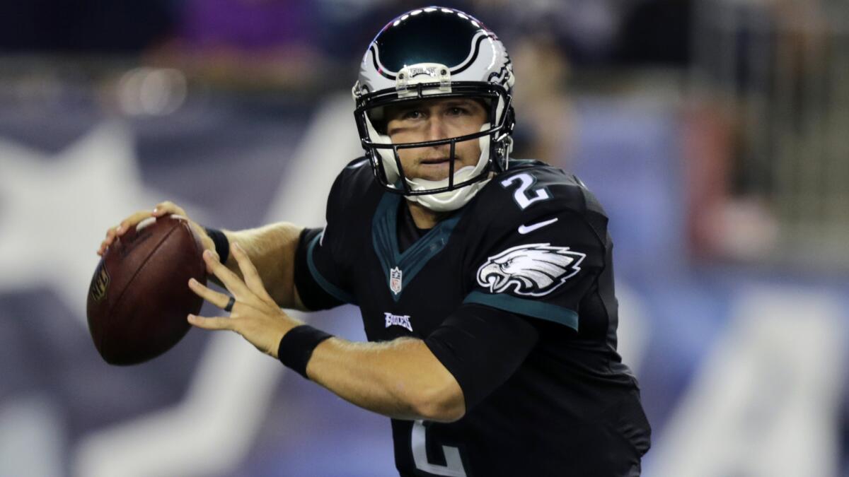 Philadelphia Eagles quarterback Matt Barkley looks to pass during a preseason game this month against the New England Patriots.