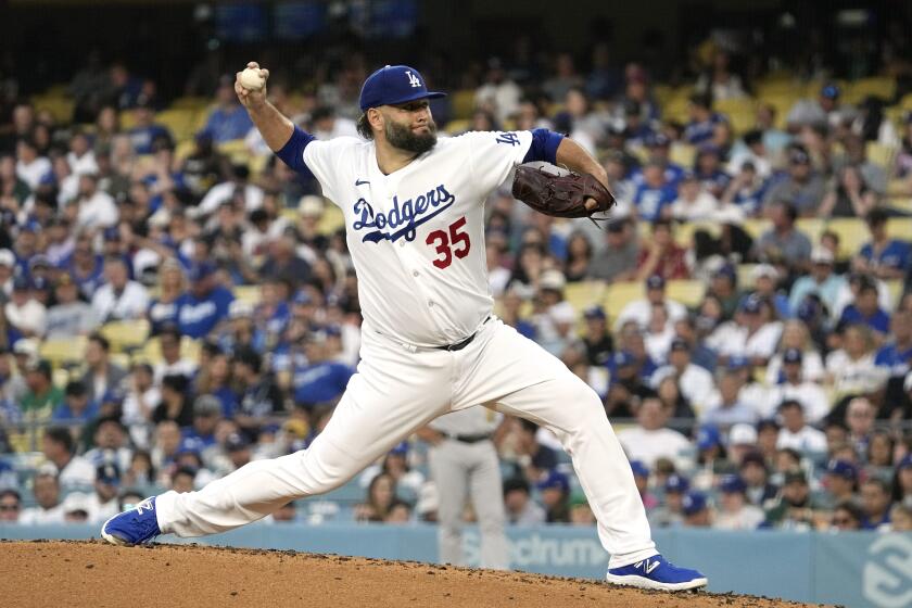 Los Angeles Dodgers starting pitcher Lance Lynn throws to the plate during the second inning of a baseball game against the Oakland Athletics Tuesday, Aug. 1, 2023, in Los Angeles. (AP Photo/Mark J. Terrill)