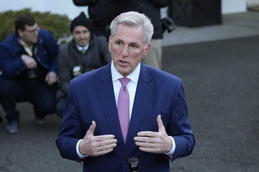 House Speaker Kevin McCarthy of Calif., talks with reporters outside the West Wing of the White House in Washington following his meeting with President Joe Biden, Wednesday, Feb. 1, 2023. (AP Photo/Susan Walsh)