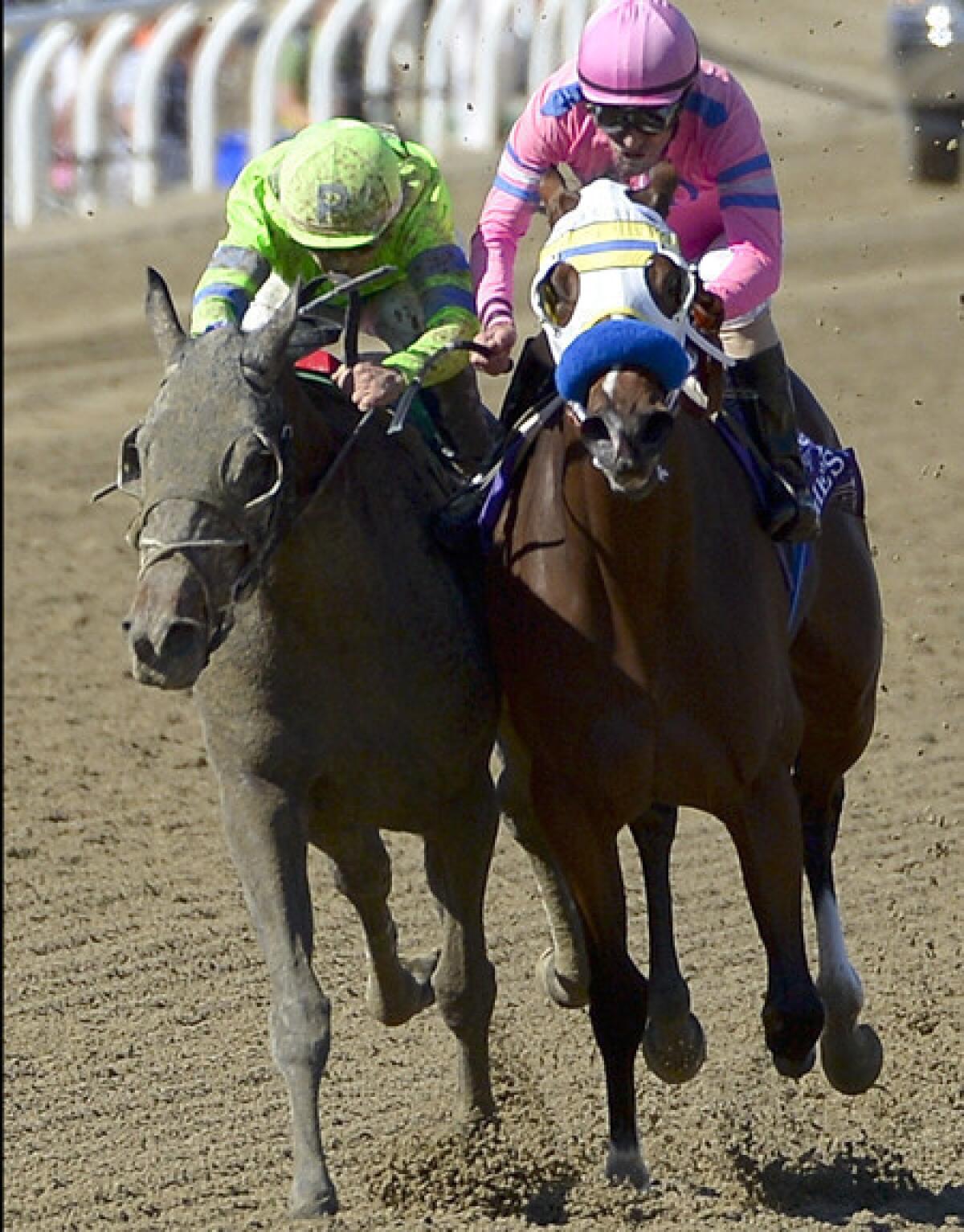 Ria Antonia, left, with jockey Javier Castellano aboard, drives down the stretch against She's a Tiger and jockey Gary Stevens in the Breeders' Cup Juvenile Fillies race on Saturday at Santa Anita Park.