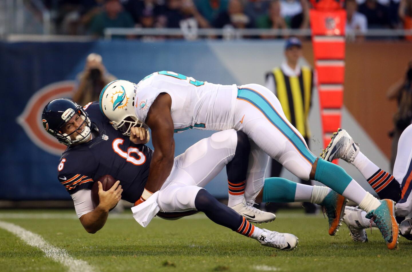 Dolphins defensive end Cameron Wake sacks Jay Cutler but the play was overturned on a penalty in the second quarter of a preseason game.