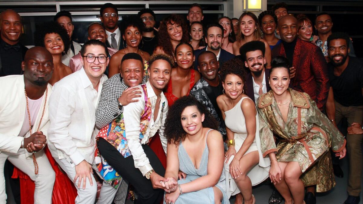 Lin-Manuel Miranda and the cast of "Hamilton" pose for a picture at the after-party of "Hamilton" opening.