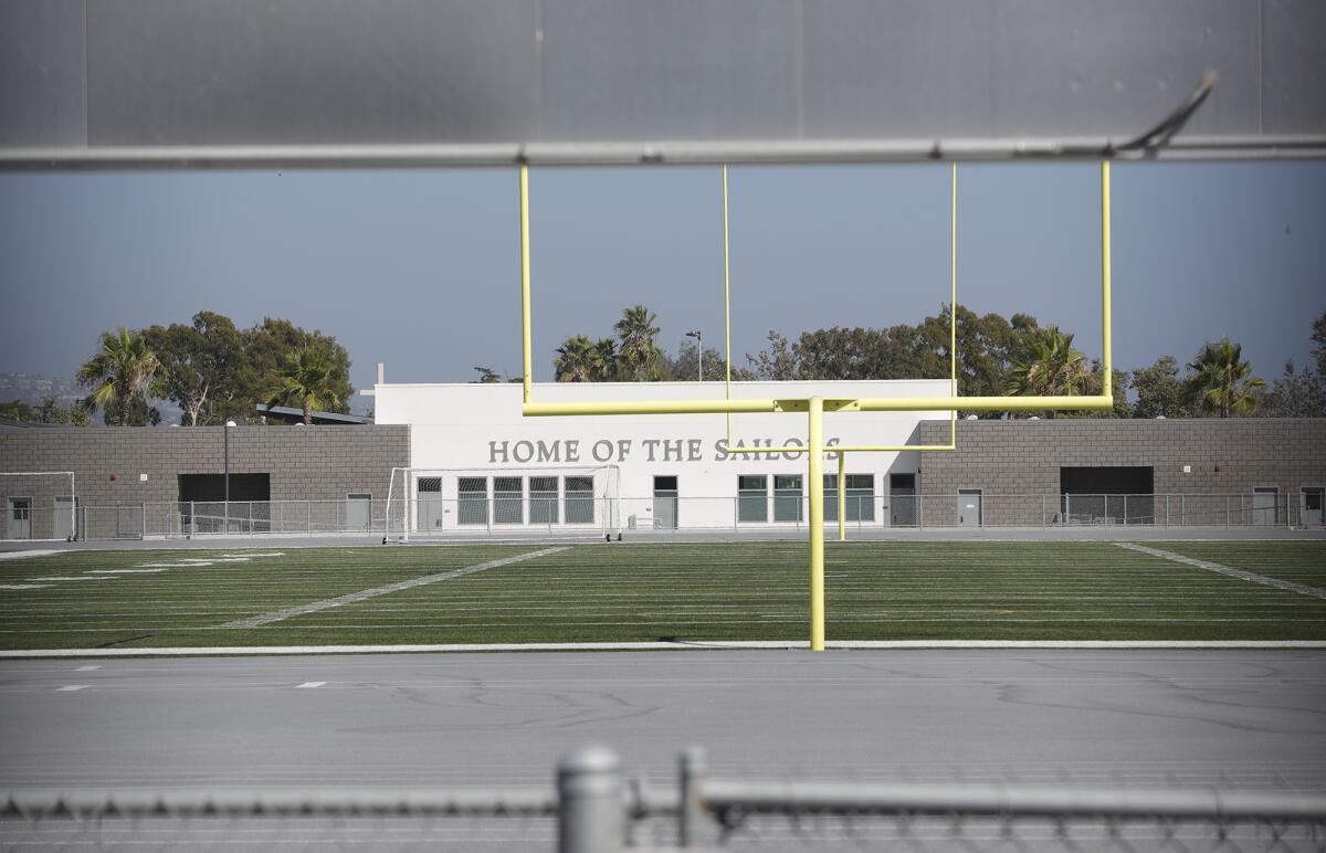 An empty Davidson Field, home field for the Newport Harbor and Corona del Mar high football programs, is shown Tuesday.