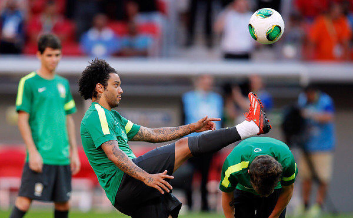 Brazil's Marcelo takes part in a team training session Friday in preparation for the FIFA Confederations Cup.