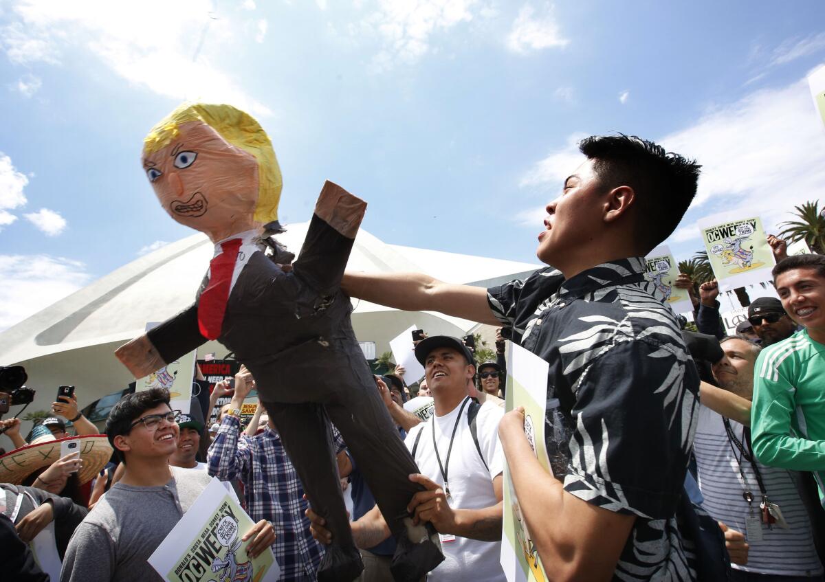 Protesters smash a Trump pinata outside the Trump rally in Anaheim.
