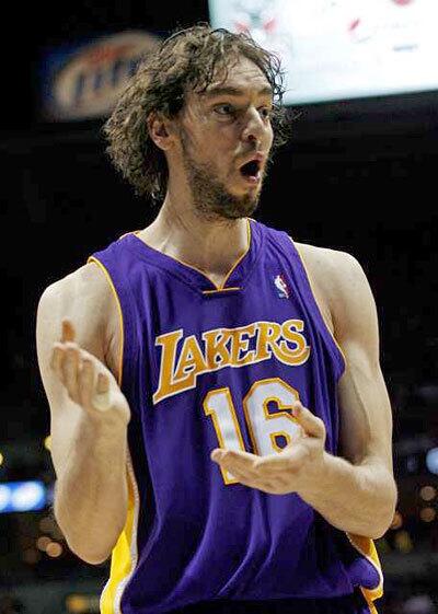 Out of bounds: Pau reacts after an out of bounds call during an April 1 game against the Milwaukee Bucks.