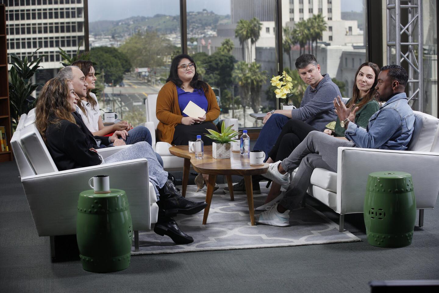 TV showrunners engage in a back-and-forth discussion during a roundtable.