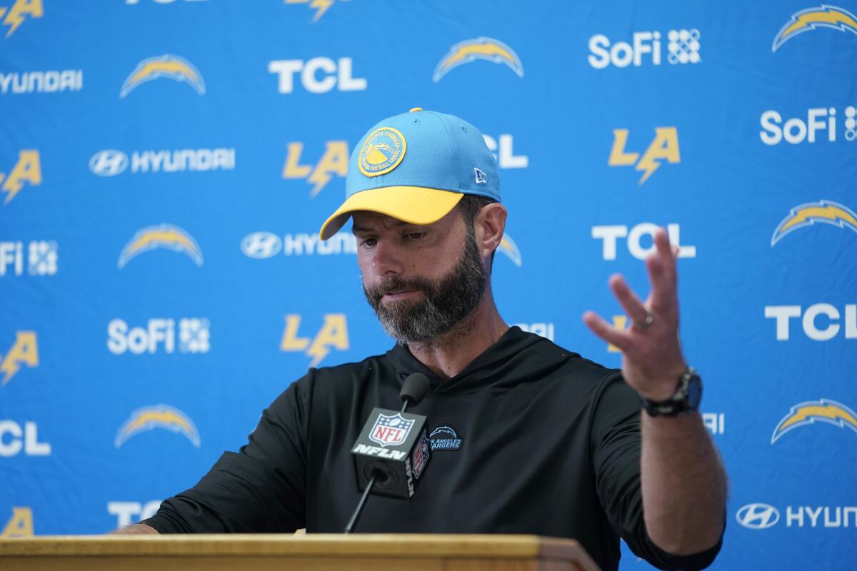Chargers coach Brandon Staley speaks during a news conference following a loss to the Kansas City Chiefs on Oct. 22.