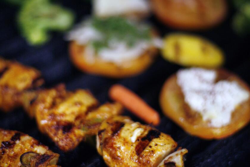 Chicken kebabs marinated in yogurt and spices.