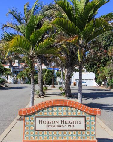 A tiled sign notes the entrance to one of Ventura's oldest neighborhoods, Hobson Heights.