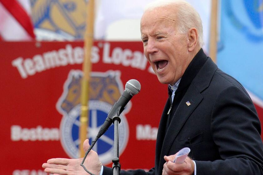 Former US Vice President Joe Biden speaks at a rally organized by UFCW Union members to support Stop and Shop employees on strike throughout the region at the Stop and Shop in Dorchester, Massachusetts on April 18, 2019. (Photo by JOSEPH PREZIOSO / AFP)JOSEPH PREZIOSO/AFP/Getty Images ** OUTS - ELSENT, FPG, CM - OUTS * NM, PH, VA if sourced by CT, LA or MoD **