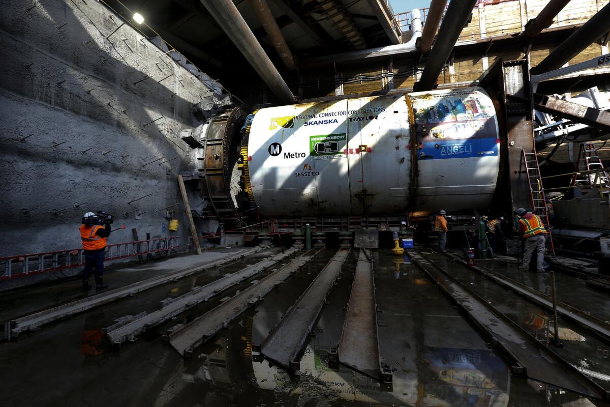 The front section of "Angeli," the name given to the 400-foot-long, 1,000-ton German boring machine that will dig twin tunnels between Little Tokyo and the Financial District in downtown Los Angeles.