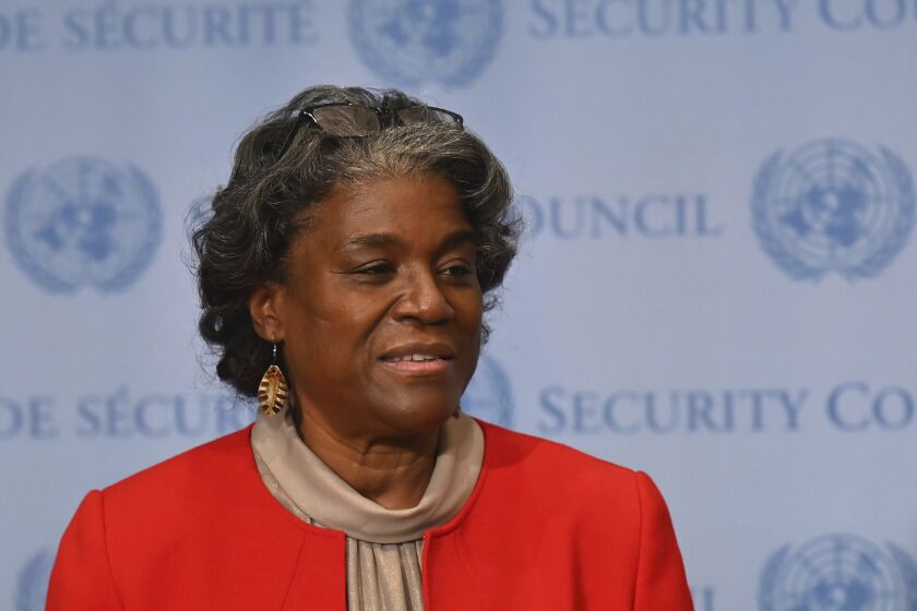 New US Ambassador to the United Nations, Linda Thomas-Greenfield speaks after meeting with UN Secretary-General Antonio Guterres at the United Nations on February 25, 2021 in New York City. (Angela Weiss Pool Photo via AP)