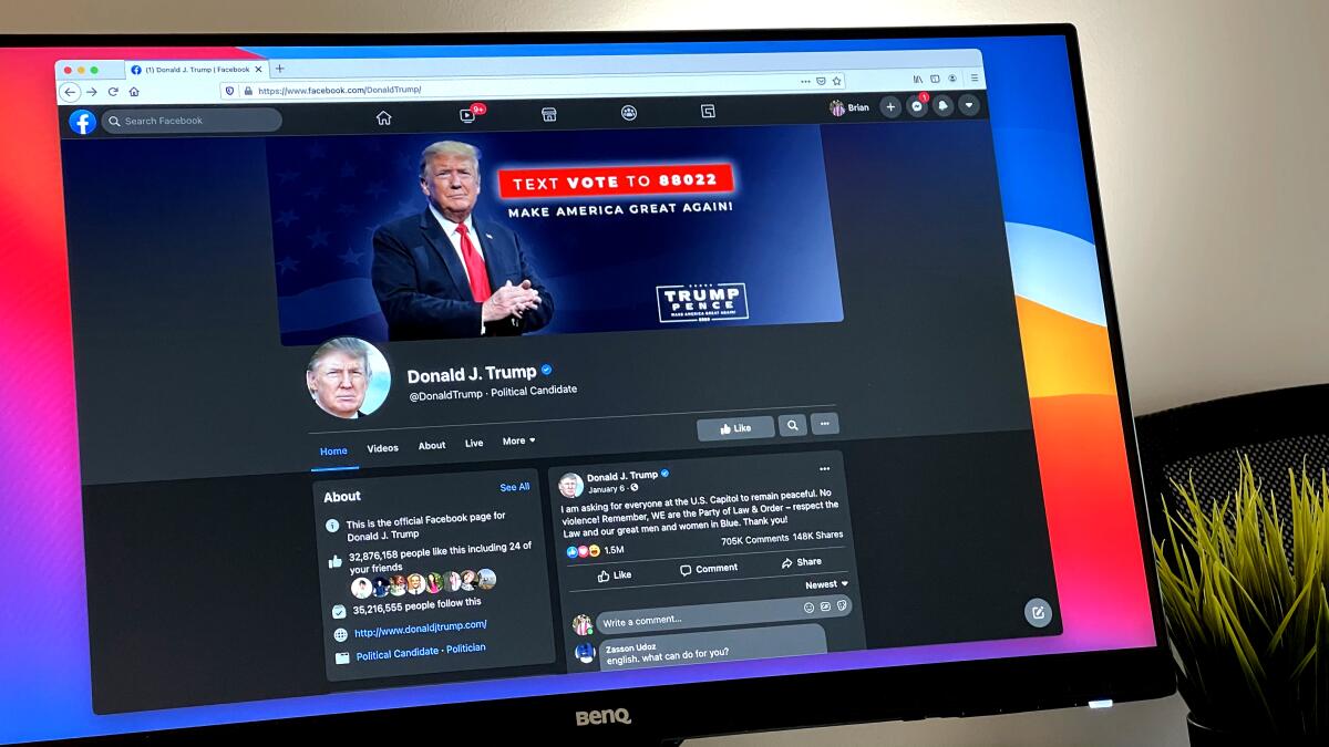 The Facebook page of Donald Trump, the former president, is seen on a computer monitor 