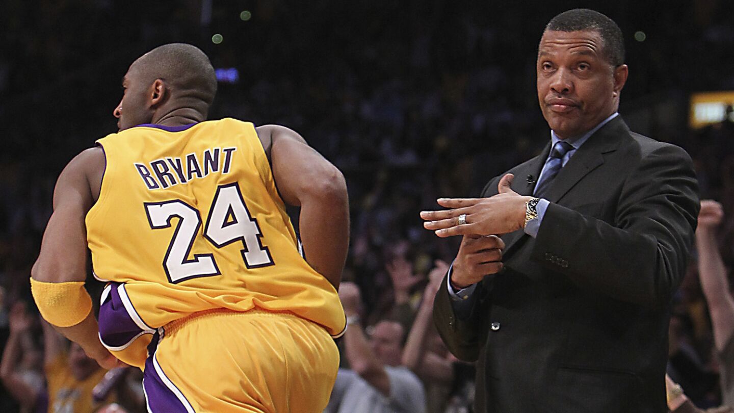 Phoenix Suns coach Alvin Gentry, right, calls a timeout immediately after Kobe Bryant hits a three-pointer during Game 2 of the 2010 Western Conference finals.
