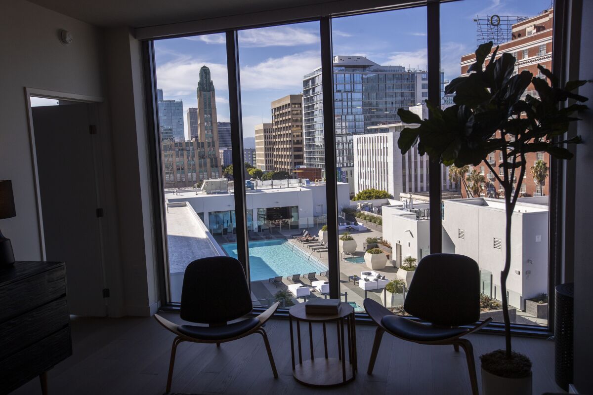 A view from an upscale unit looking at the one-acre rooftop park and pool at the $300 million Kurve.