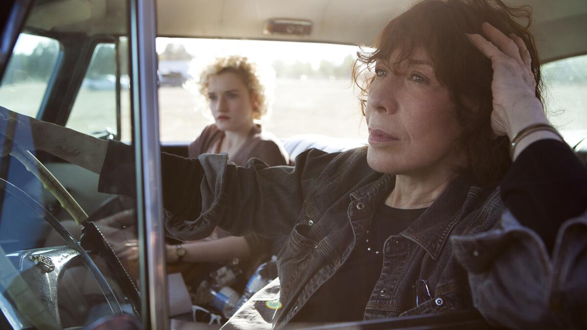 Julia Garner as Sage, seeking an abortion, sparks a road trip into the past and present with Lily Tomlin as her grandmother, Elle.