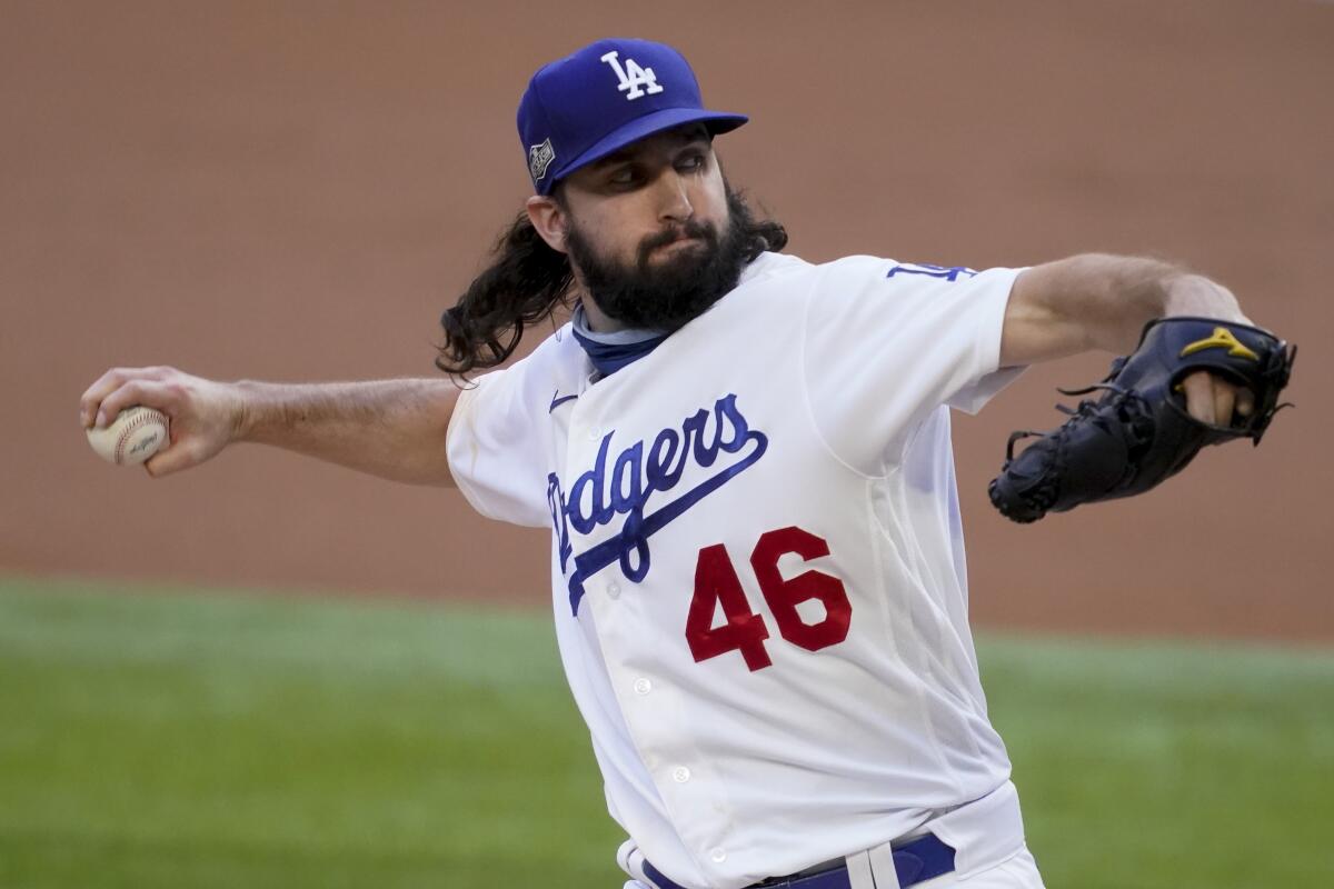 Dodgers starting pitcher Tony Gonsolin throws against the Atlanta Braves during Game 2 of the NLCS on Tuesday.