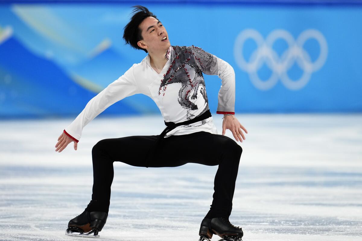 U.S. figure skater Vincent Zhou competes in the men's free skate during the team competition Sunday.