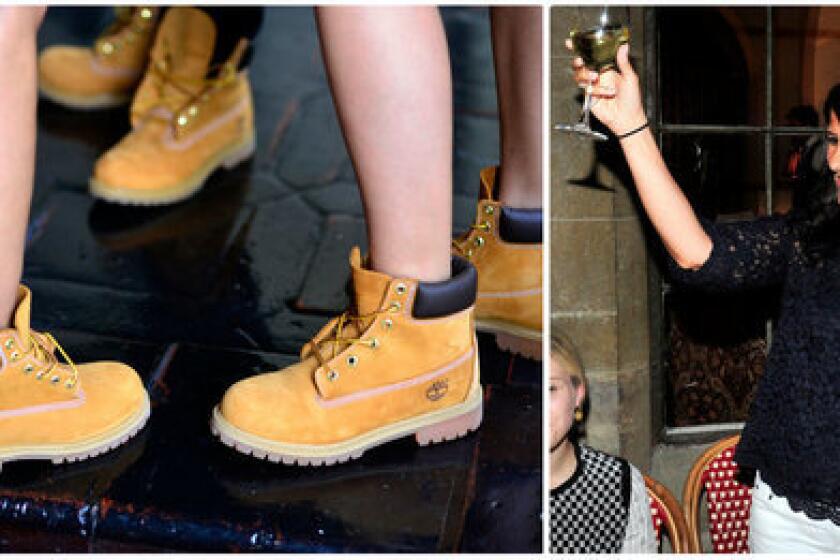 Timberland's Rachel Panetta, right, lifts a glass in honor of the 40th birthday of the brand's iconic yellow boot, which was out in full force, left, at a heritage dinner at the Chateau Marmont in West Hollywood.