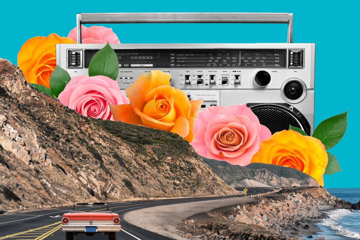 A red convertible drives down PCH towards a giant boombox surrounded by orange and pink roses.