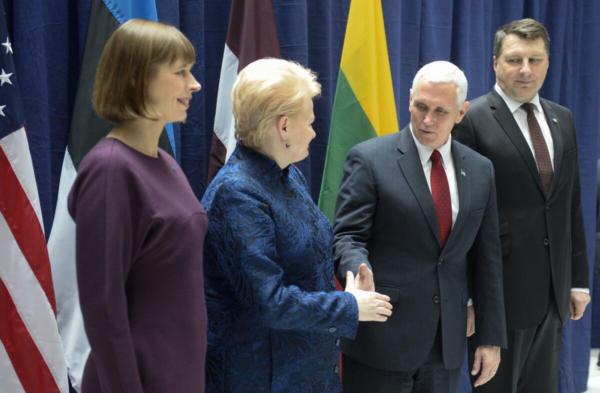 From left, Estonian President Kersti Kaljulaid, Lithuanian President Dalia Grybauskaite, U.S. Vice President Mike Pence and Latvian President Raimonds Vejonis at the Munich Security Conference.