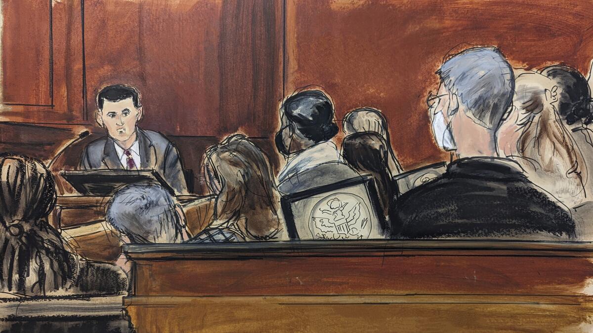 In a courtroom sketch, a man testifies on the witness stand. 