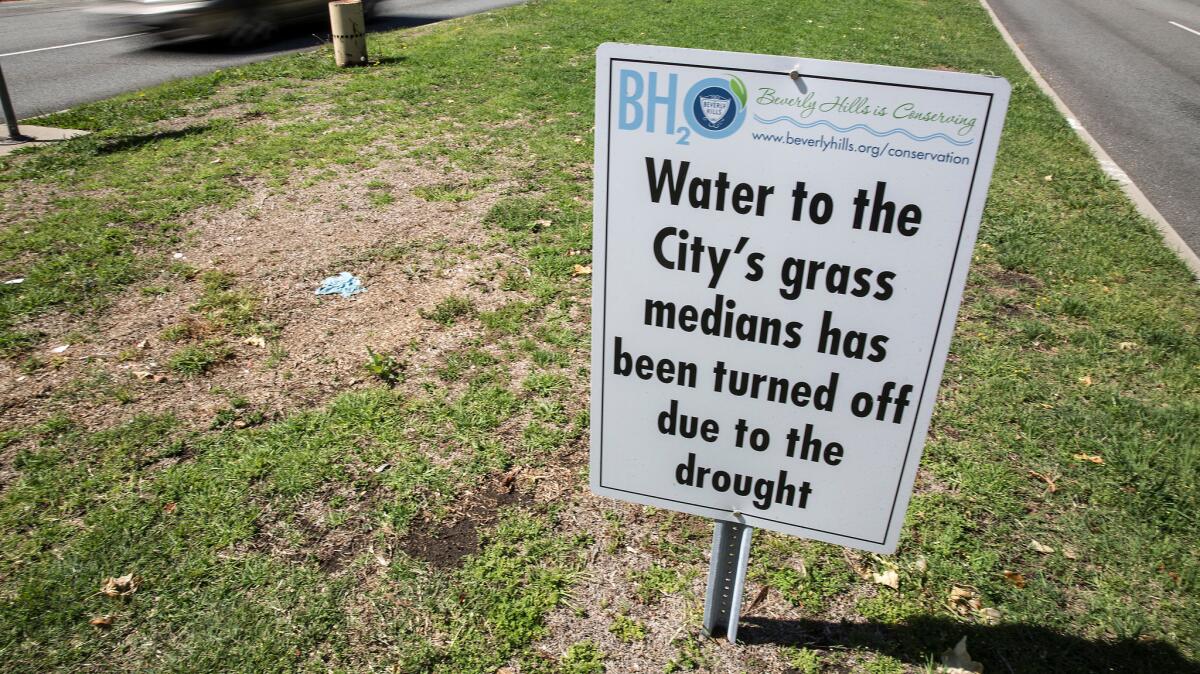 A sign in the center median of Sunset Blvd. in Beverly Hills in March.