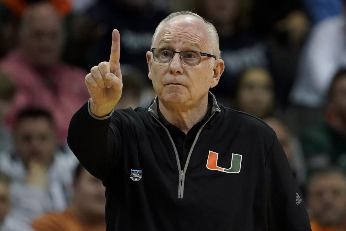 Miami head coach Jim Larranaga gestures in the first half of a Sweet 16 college basketball game against Houston in the Midwest Regional of the NCAA Tournament Friday, March 24, 2023, in Kansas City, Mo. (AP Photo/Jeff Roberson)