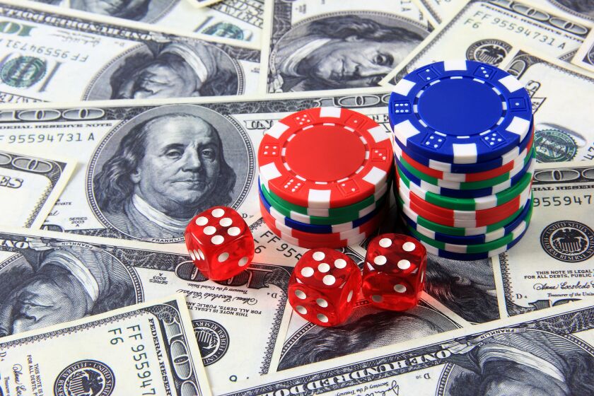 Casino chips, dice and money