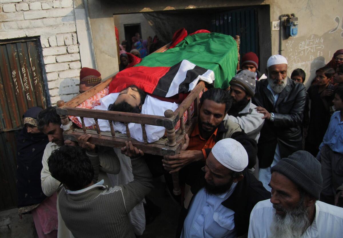The coffin of executed prisoner Zahid Hussain is carried in the Pakistani city of Multan during his funeral Jan.15, 2015. (AFP / Getty Images)