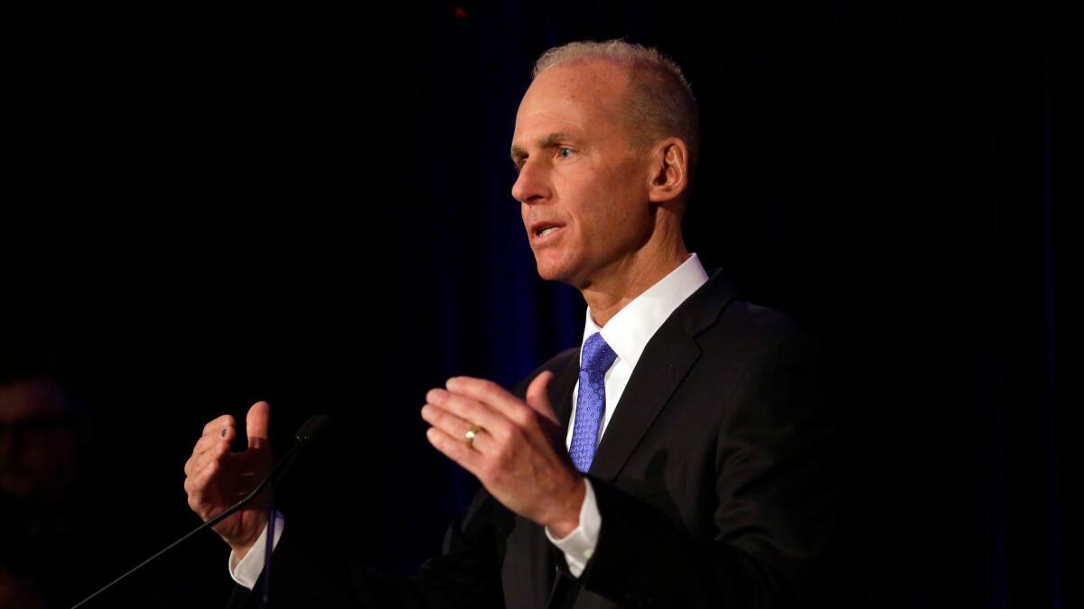 Boeing Chief Executive Dennis Muilenburg speaks during an April news conference after the company's annual general meeting in Chicago.