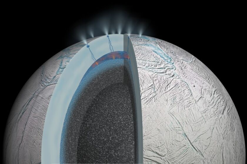 This artist's impression of the interior of Saturn's moon Enceladus shows that interactions between hot water and rock occur at the floor of the subsurface ocean -- the type of environment that might be friendly to life, scientists say.