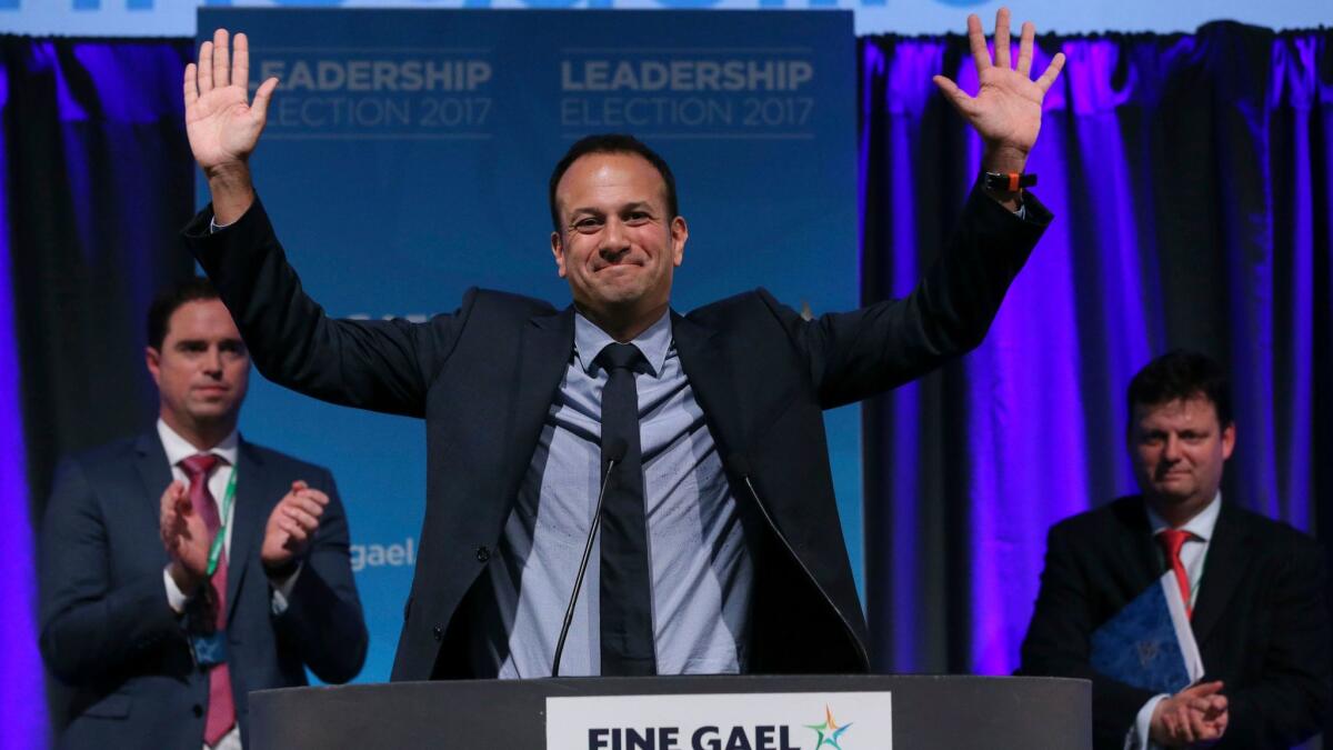 Leo Varadkar celebrates being named leader of Ireland's ruling Fine Gael party.