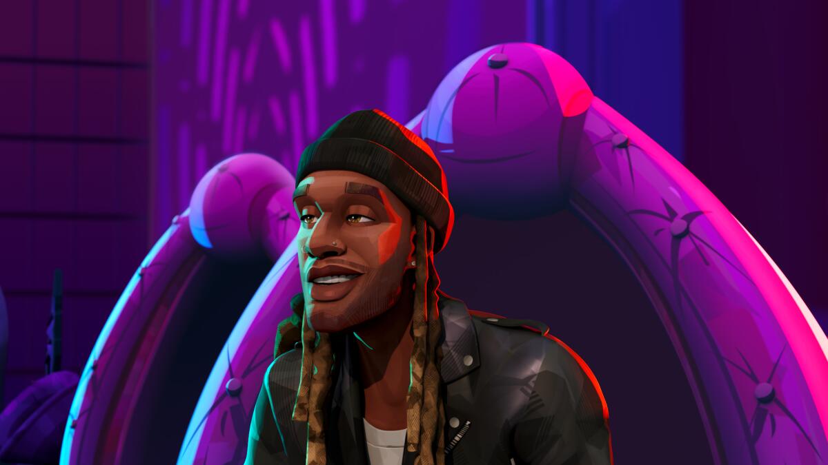 An animated man with dreadlocks in a leather jacket and wool cap.
