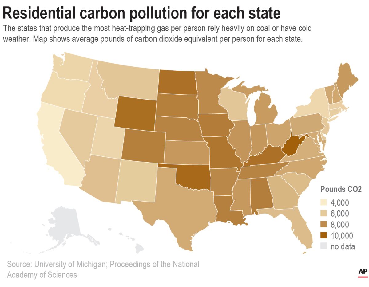 This map shows average pounds of carbon dioxide equivalent per person for each state.