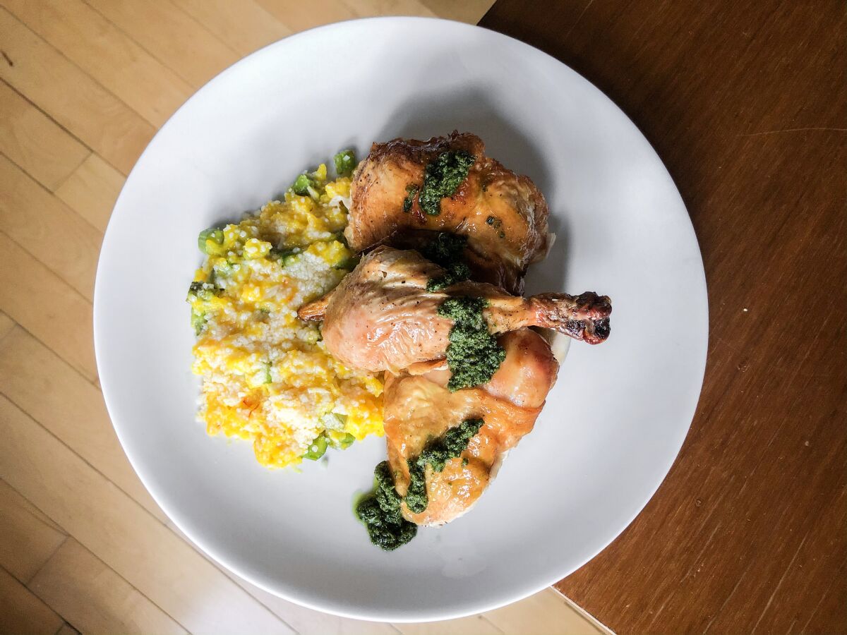 Roast chicken with salsa verde and saffron-asparagus risotto from Union in Pasadena.