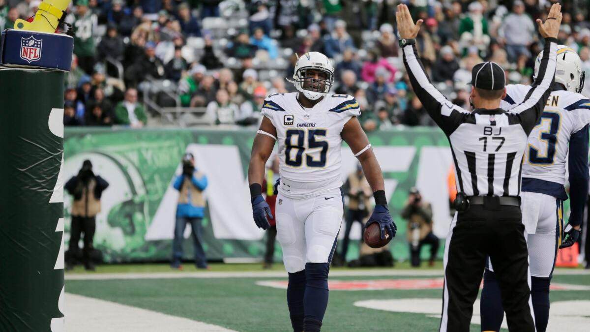Los Angeles Chargers tight end Antonio Gates is shown moments after catching a touchdown pass Sunday against the New York Jets.