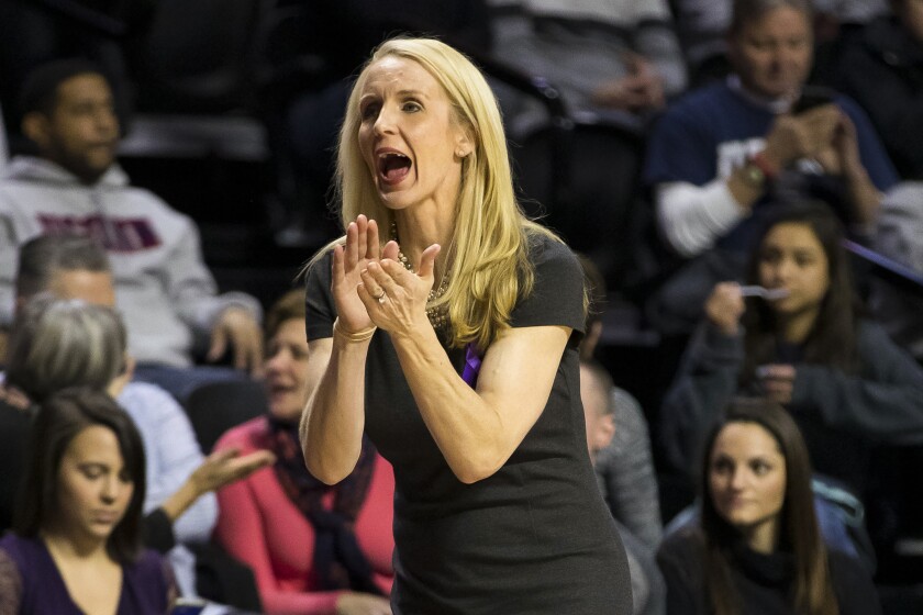 FILE - Connecticut assistant coach Shea Ralph reacts during the second half of an NCAA college basketball game against Temple in Philadelphia, in this Saturday, Jan. 19, 2019, file photo. Vanderbilt has hired Shea Ralph away from UConn to help revive the Commodores' struggling women's basketball program. Athletic director Candice Lee announced the hiring Tuesday morning, April 13, 2021, a week after firing Stephanie White. (AP Photo/Chris Szagola, File)