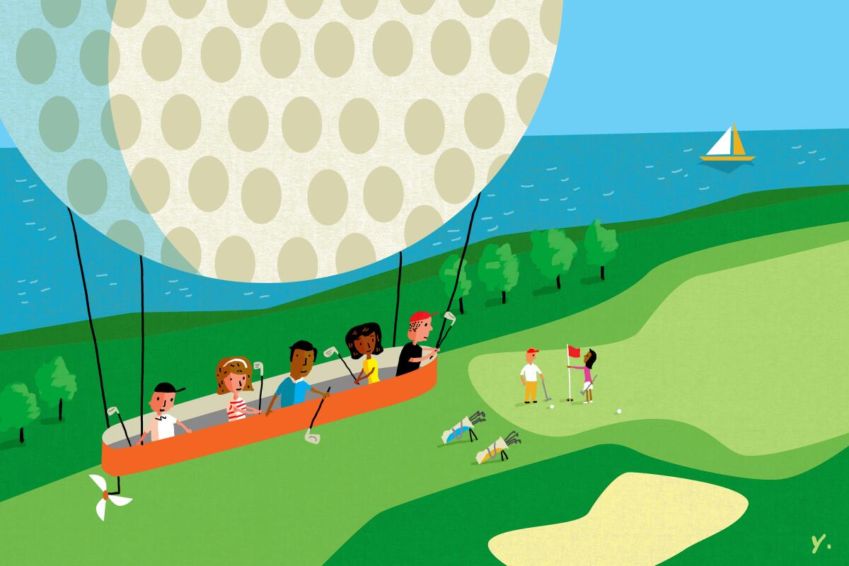 An illustration of golfers in a hot air balloon floating above a course.