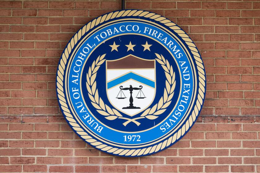 The logo and seal of the Bureau of Alcohol, Tobacco, Firearms and Explosives, known as the ATF, is seen outside of the National Services Center in Martinsburg, West Virginia, September 4, 2024. (Photo by SAUL LOEB / AFP) (Photo by SAUL LOEB/AFP via Getty Images)