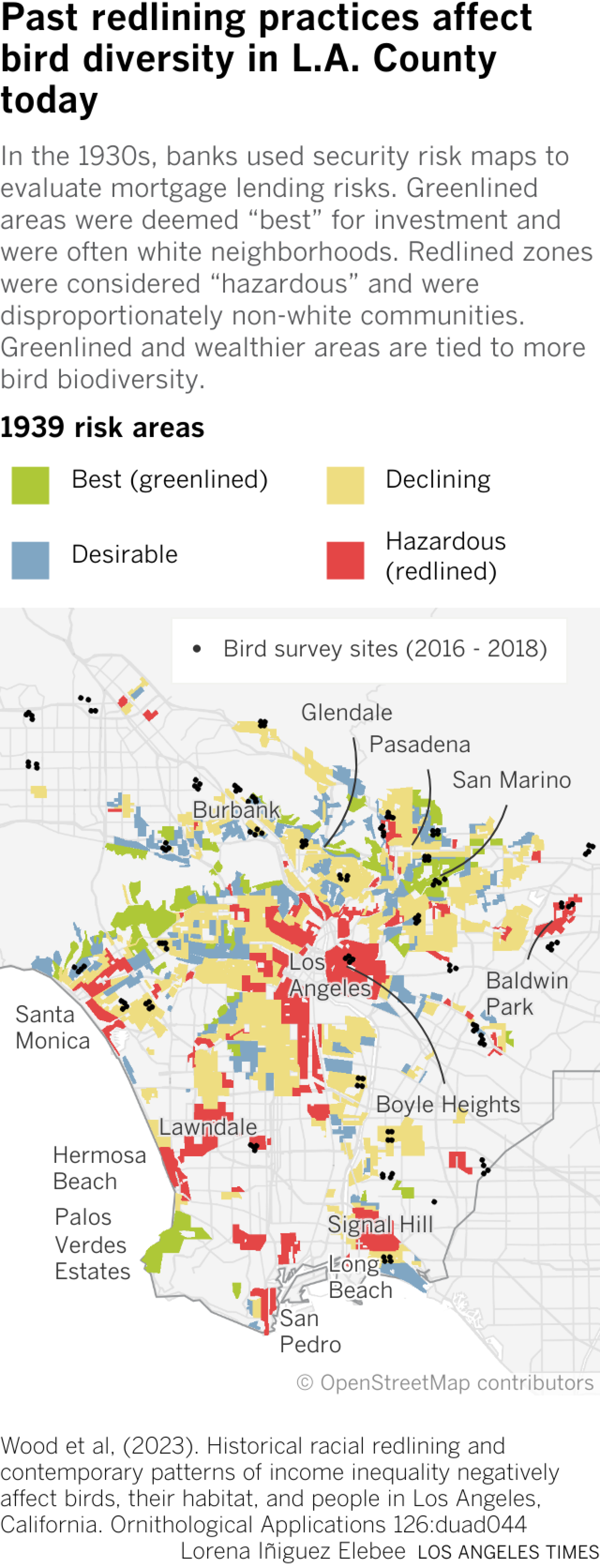 Map shows historic HOLC's 1939 data redlining of neighborhoods in the Los Angeles County.