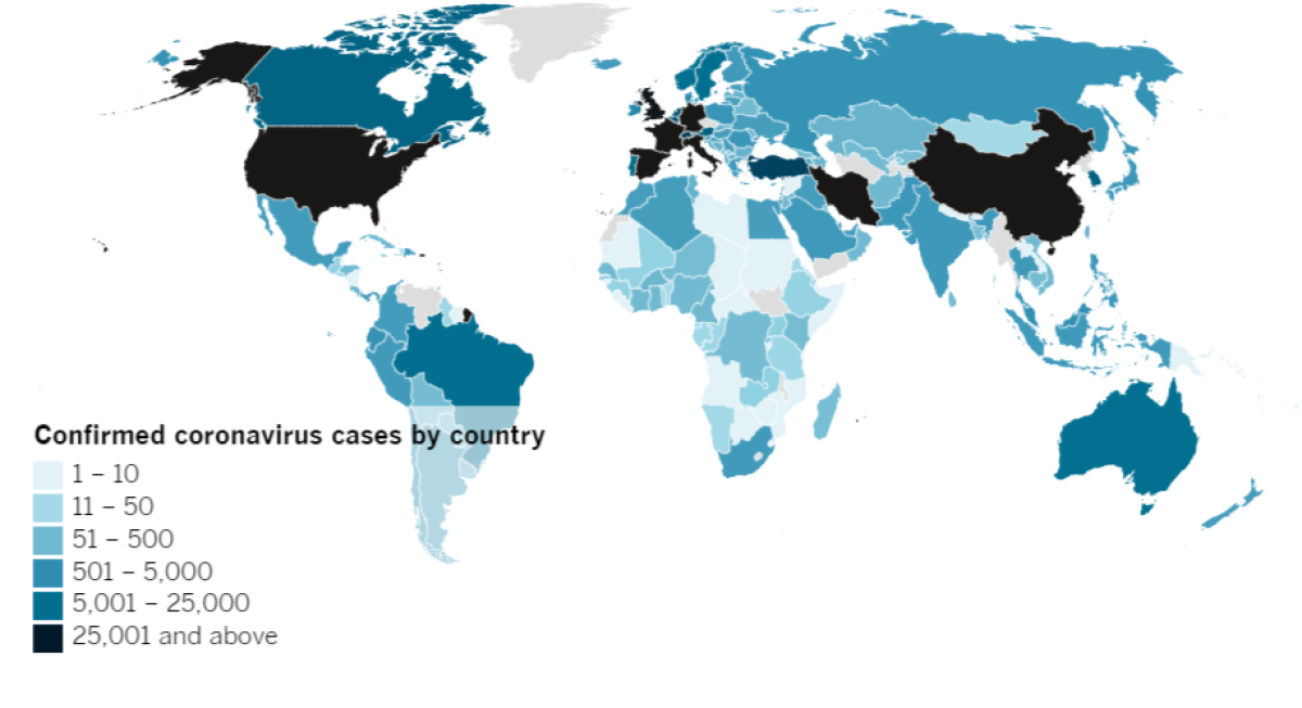 Confirmed COVID-19 cases by country as of 4 p.m. PDT Wednesday, April 1.