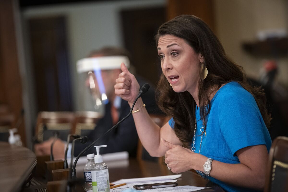 FILE - In this June 4, 2020, file photo, U.S. Rep. Jaime Herrera Beutler, R-Wash., speaks during a Labor, Health and Human Services, Education, and Related Agencies Appropriations Subcommittee hearing. Herrera Beutler, one of 10 Republican U.S. House members who voted to impeach Donald Trump for his role in the Jan. 6, Capitol insurrection, says she will vote to retain Rep. Liz Cheney in Republican leadership. House Minority Leader Kevin McCarthy has set a Wednesday, May 12, 2021 vote for removing Cheney from her No. 3 Republican leadership post. (Al Drago/Pool Photo via AP, File)