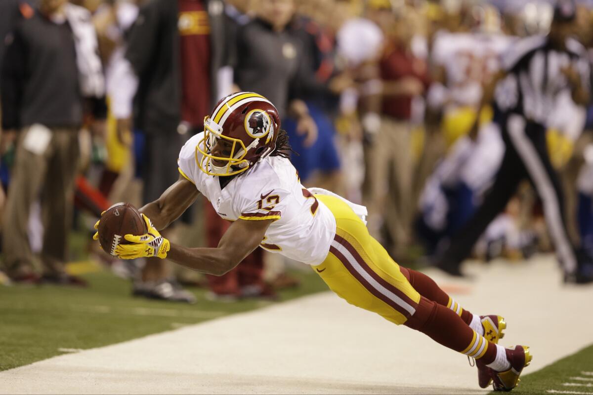 Washington Redskins receiver Andre Roberts makes a sideline catch against the Indianapolis Colts on Nov. 30.