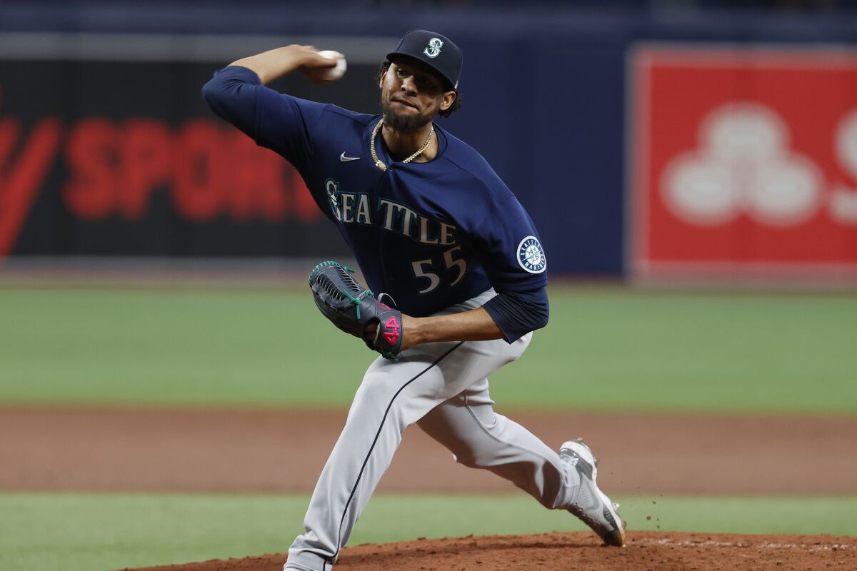 Seattle Mariners pitcher Yohan Ramirez works from the mound against the Tampa Bay Rays during first inning of a baseball game Wednesday, April 27, 2022, in St. Petersburg, Fla. (AP Photo/Scott Audette)