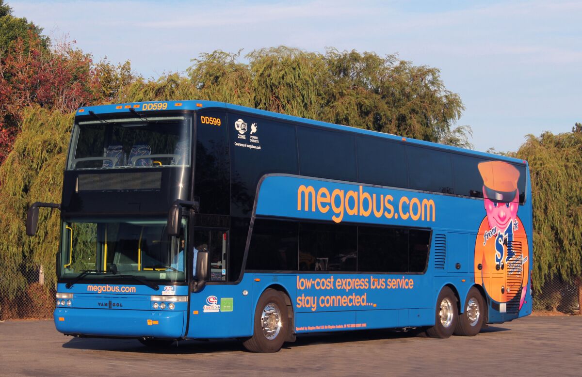 Megabus operates double-decker buses that seat about 80 passengers.